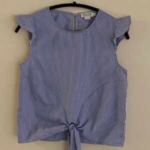 Molly Bracken Blue and White Striped Tie-Front Flutter Sleeve Top